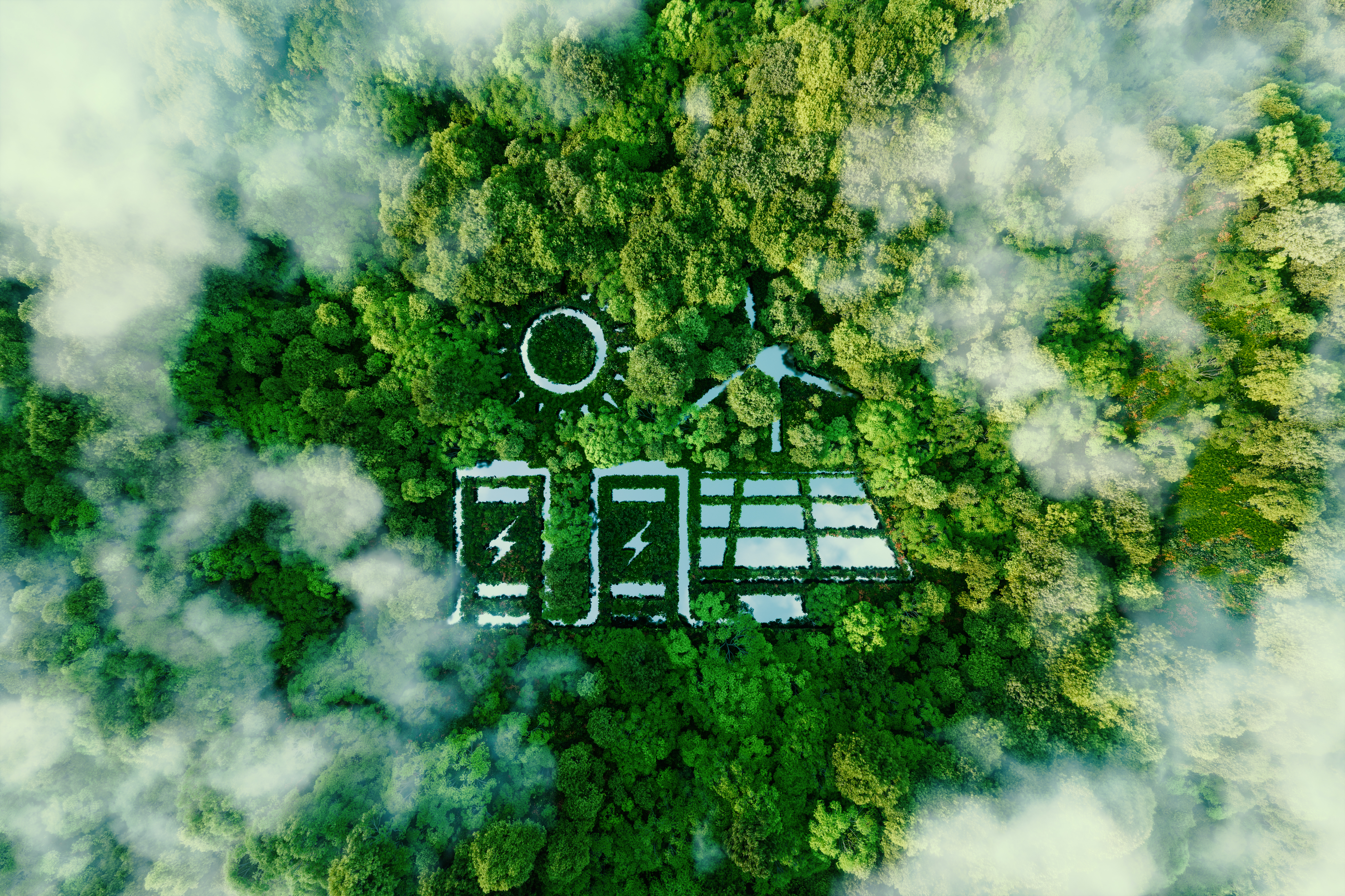 Luftaufnahme eines dichten Waldes mit in die Vegetation eingearbeiteten Symbolen für erneuerbare Energien, darunter ein Solarpanel, Batterien, ein Windrad und eine Sonne.