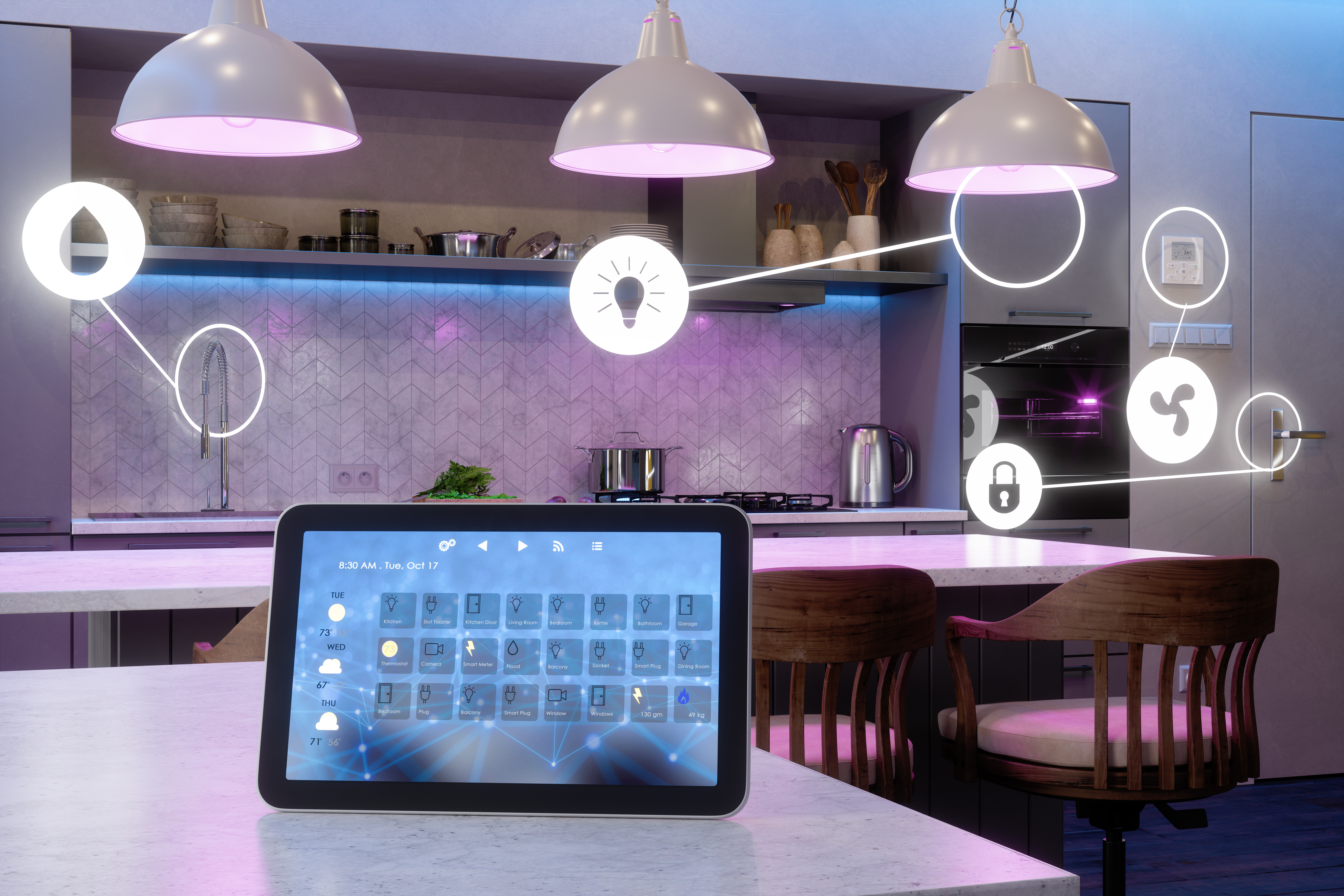Eine moderne Küche mit einem Tablet auf dem Tisch, das die Hausautomatisierung steuert. Digitale Symbole für Beleuchtung, Sicherheit, Lüftung und Wasser sind über verschiedenen Bereichen der Küche eingeblendet.
