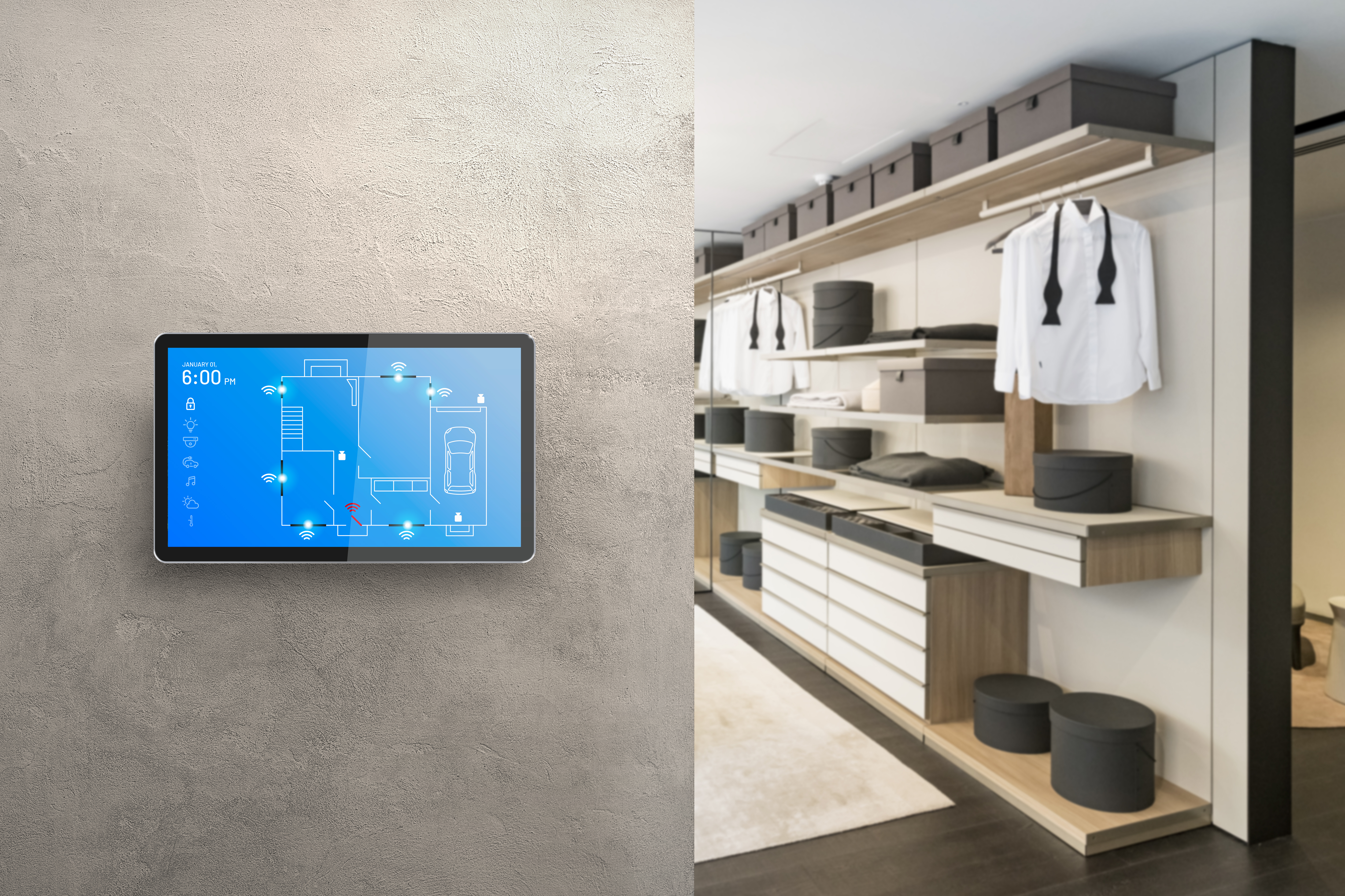 Ein modernes Ankleidezimmer mit offenen Regalen und Kleidung, die ordentlich aufgehängt ist. An der Wand hängt ein Tablet mit einer Anzeige für Hausautomatisierung.
